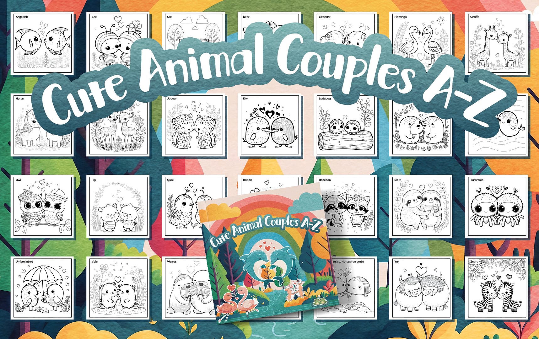 Cute Animal Couples A-Z: A coloring book for Kids and Adults